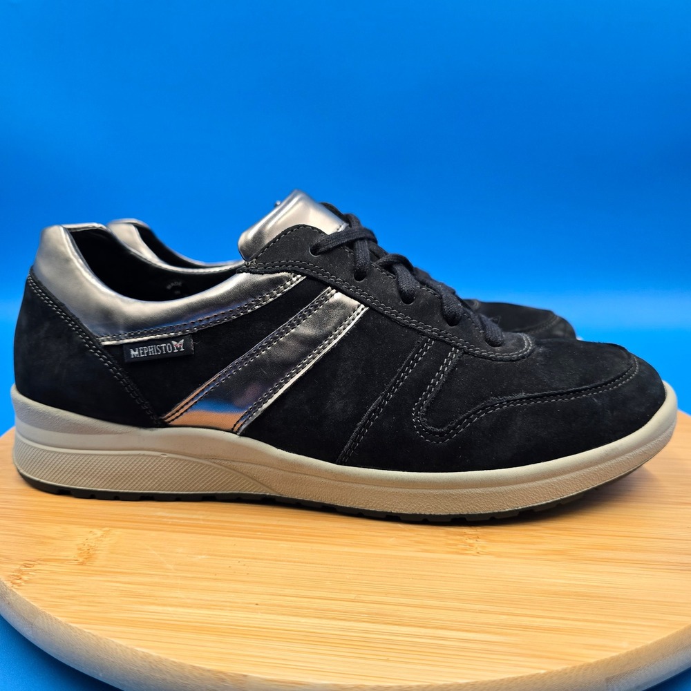 Mephisto Runoff Women's 9 Black Suede Silver Metallic Walking Shoes Sneakers‎